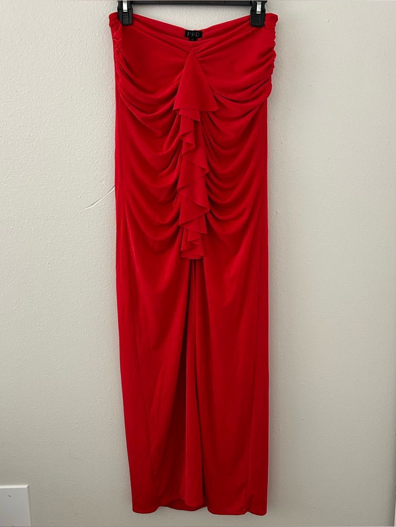 Nbd Red Ruffle Ruched Strapless Dress Sz S High Front Slit Formal Party Wedding